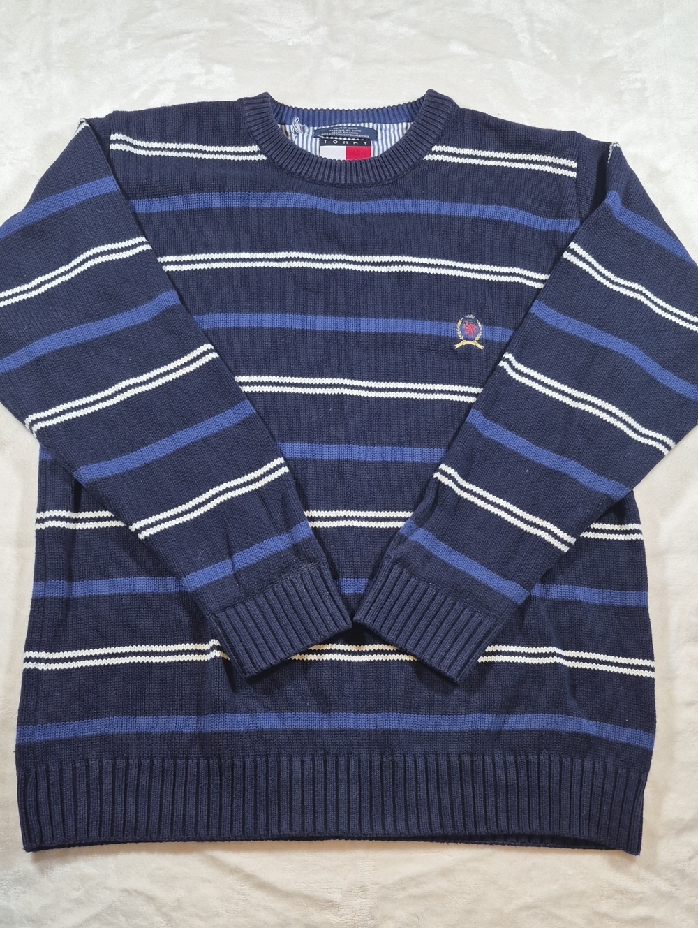 Tommy Hilfiger Navy, Royal Blue & White Striped Crewneck Sweater